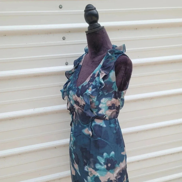 Ann Taylor LOFT Gray Turquoise Blue Watercolor Sheath Ruffle Dress V-Neck Sz 6 - Picture 6 of 12